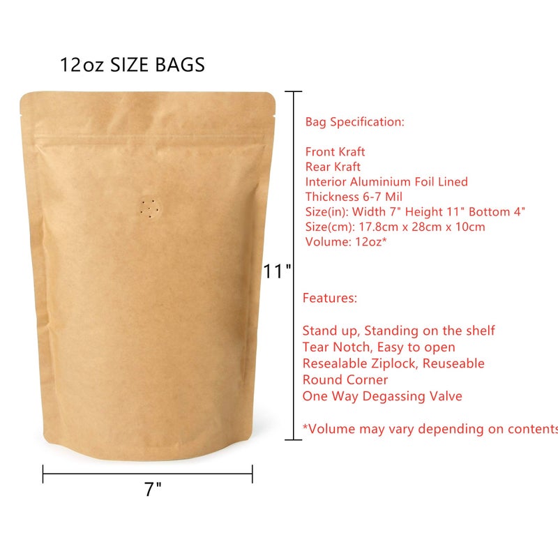 EverPack 50 Counts High Barrier Natural Kraft Paper Stand up Zipper Coffee Pouch Bag with One Way Degassing Valve (50, 12 OZ/340 Gram) - Image 2